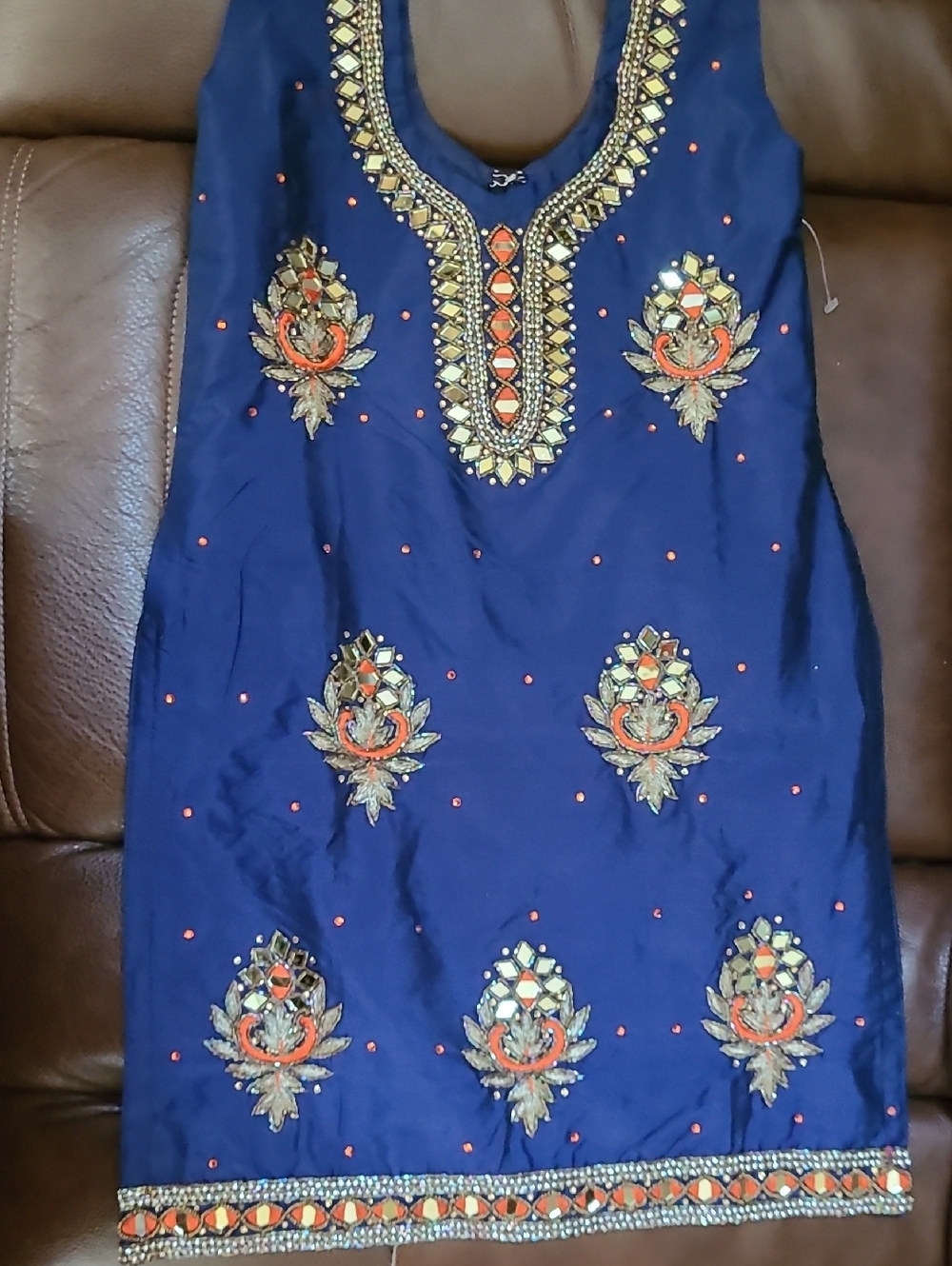 Girl's Embroidered Navy Blue Sleeveless Tunic with Gold & Orange Accents